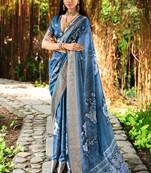 Woven border digital floral printed teal blue cotton silk saree
