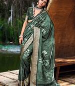 Woven border digital floral printed hazel green cotton silk saree