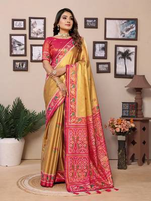 Yellow faux banarasi tissue silk blend woven patola saree 1