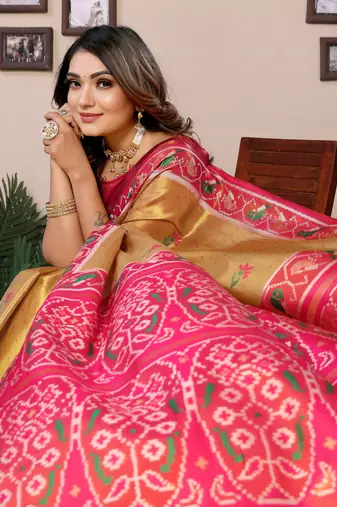 Yellow faux banarasi tissue silk blend woven patola saree