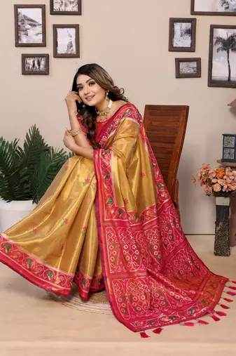 Yellow faux banarasi tissue silk blend woven patola saree