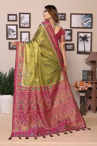 Green faux banarasi tissue silk blend woven patola saree