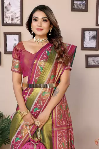 Green faux banarasi tissue silk blend woven patola saree