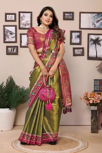 Green faux banarasi tissue silk blend woven patola saree