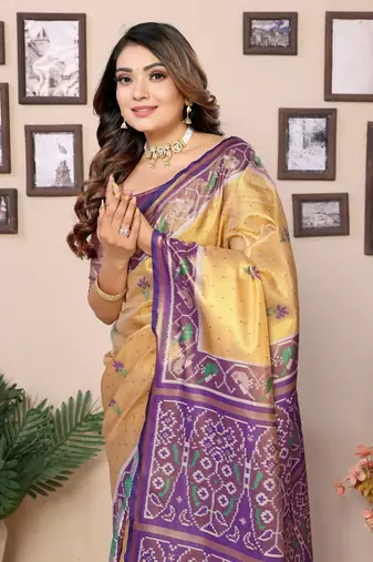 Orange faux banarasi tissue silk blend woven patola saree