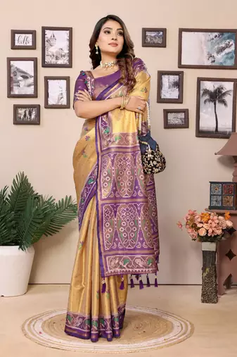 Orange faux banarasi tissue silk blend woven patola saree