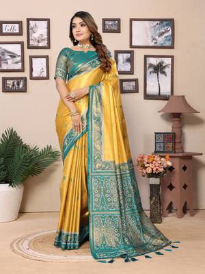 Mustard faux banarasi tissue silk blend woven patola saree 1