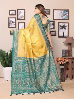 Mustard faux banarasi tissue silk blend woven patola saree 3