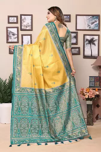 Mustard faux banarasi tissue silk blend woven patola saree