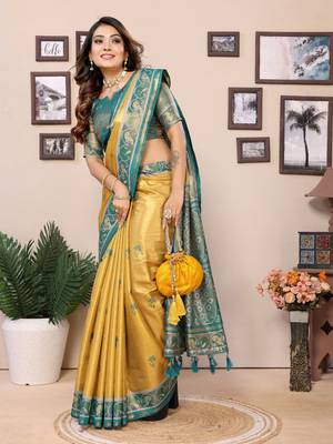 Mustard faux banarasi tissue silk blend woven patola saree 5