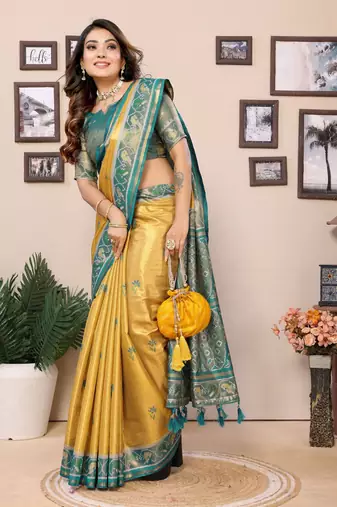 Mustard faux banarasi tissue silk blend woven patola saree