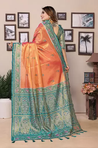 Red faux banarasi tissue silk blend woven patola saree