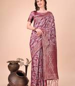 Magenta woven jacquard floral printed cotton saree