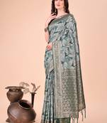 Green woven jacquard floral printed cotton saree