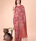 Red woven jacquard floral printed cotton saree
