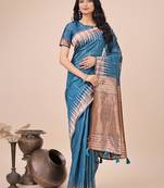 Blue linen cotton woven jacquard saree