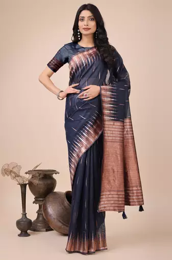 Navy blue linen cotton woven jacquard designer saree
