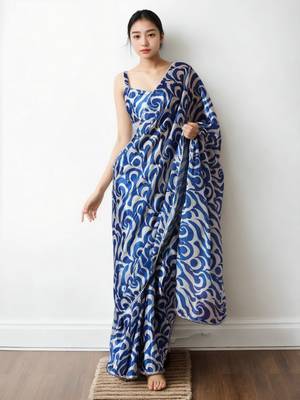 pre-stitched blue chinnon partywear printed saree 1