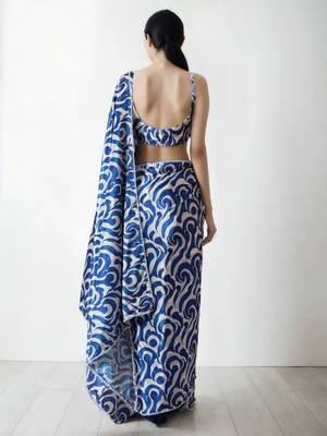 pre-stitched blue chinnon partywear printed saree 2