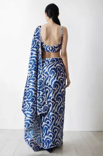 pre-stitched blue chinnon partywear printed saree