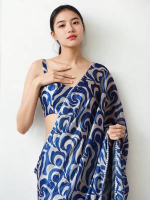 pre-stitched blue chinnon partywear printed saree 3