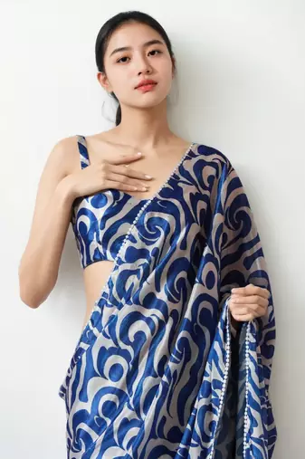 pre-stitched blue chinnon partywear printed saree