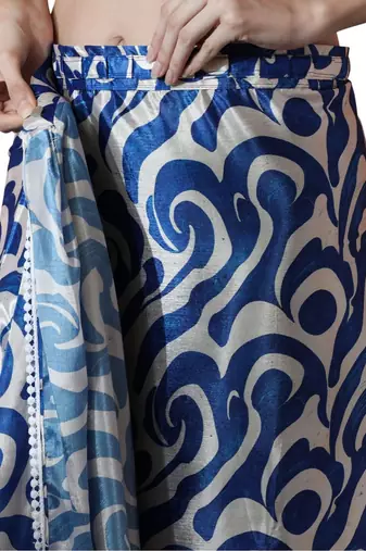 pre-stitched blue chinnon partywear printed saree