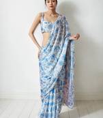 Cream chinnon partywear printed ready to wear saree