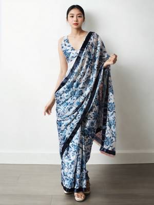 pre draped white chinnon partywear printed saree 1