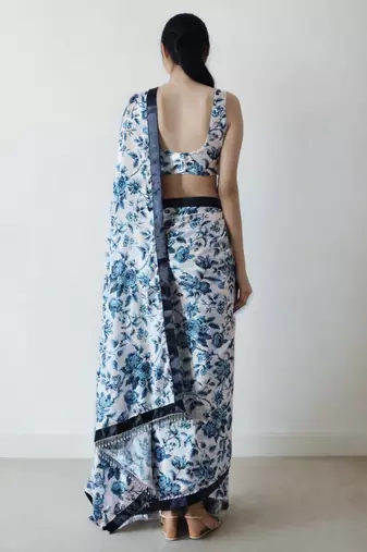 pre draped white chinnon partywear printed saree