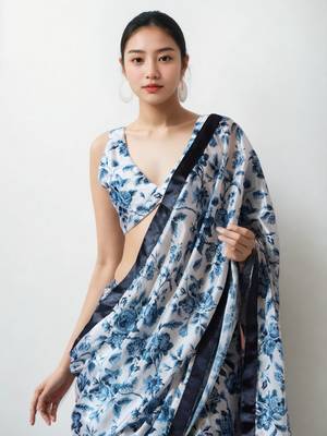 pre draped white chinnon partywear printed saree 3