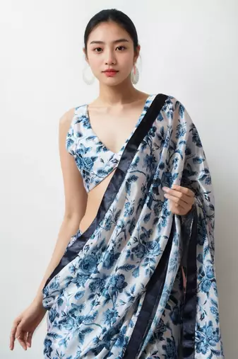 pre draped white chinnon partywear printed saree
