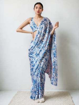 ready made white chinnon partywear printed saree 1