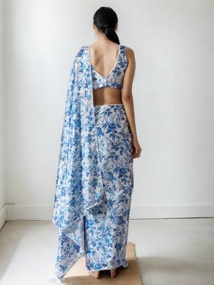 ready made white chinnon partywear printed saree 2