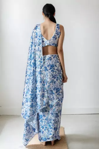 ready made white chinnon partywear printed saree