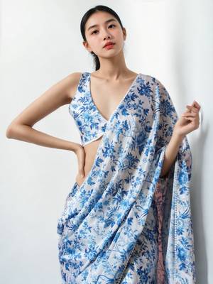 ready made white chinnon partywear printed saree 3