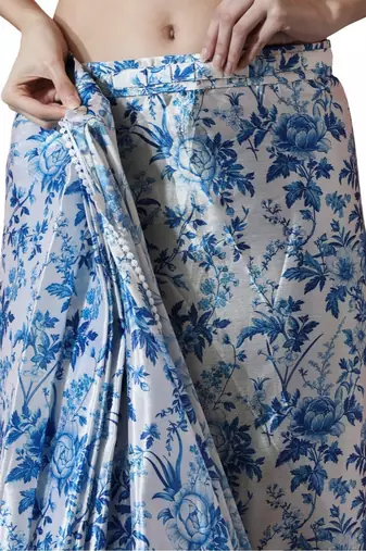 ready made white chinnon partywear printed saree