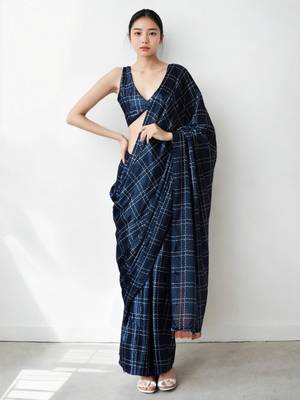 pre-stitched navy blue chinnon partywear printed saree 1