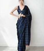 ready to wear navy blue chinnon partywear printed saree