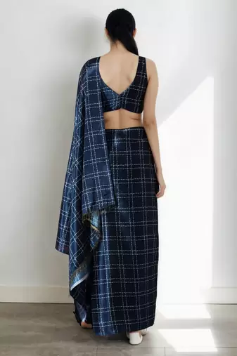 pre-stitched navy blue chinnon partywear printed saree
