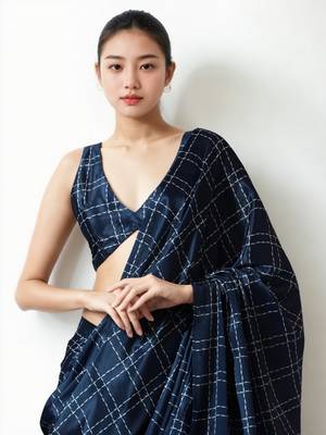 pre-stitched navy blue chinnon partywear printed saree 3