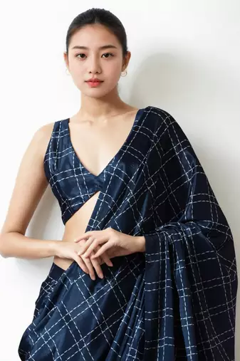 pre-stitched navy blue chinnon partywear printed saree