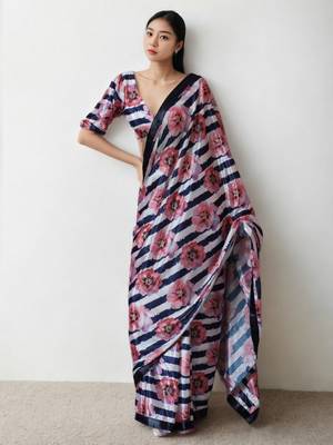 ready to wear multi chinnon digital print & lace border saree 1