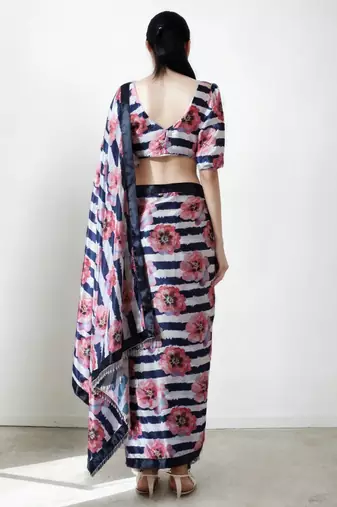 ready to wear multi chinnon digital print & lace border saree