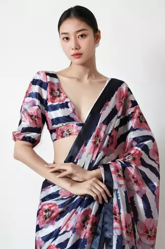 ready to wear multi chinnon digital print & lace border saree