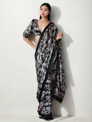 pre draped black chinnon digital print & lace border saree 1