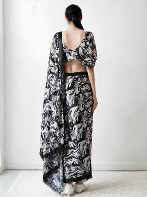 pre draped black chinnon digital print & lace border saree 2