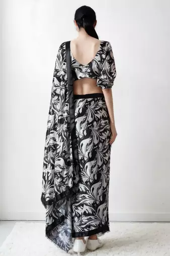 pre draped black chinnon digital print & lace border saree