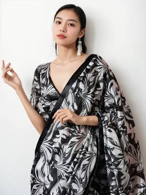 pre draped black chinnon digital print & lace border saree 3