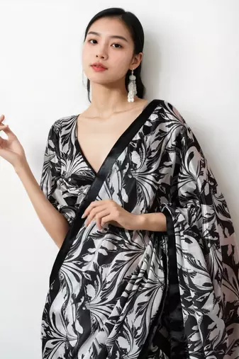 pre draped black chinnon digital print & lace border saree